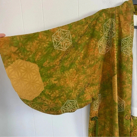 KIMONO jacket Haori VINTAGE TRADITIONAL JAPANESE Silk Green Yellow Batik Tie OS - Picture 12 of 16